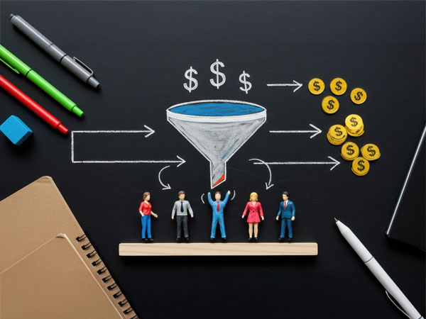 Die HerbstOffensive 2025 – Live-Workshops zum Experten-Funnel 6 Tafelzeichnung mit Geldfluss-Diagramm: Dollar-Symbole in Trichter, Menschen-Figuren, goldene Münzen als Ergebnis