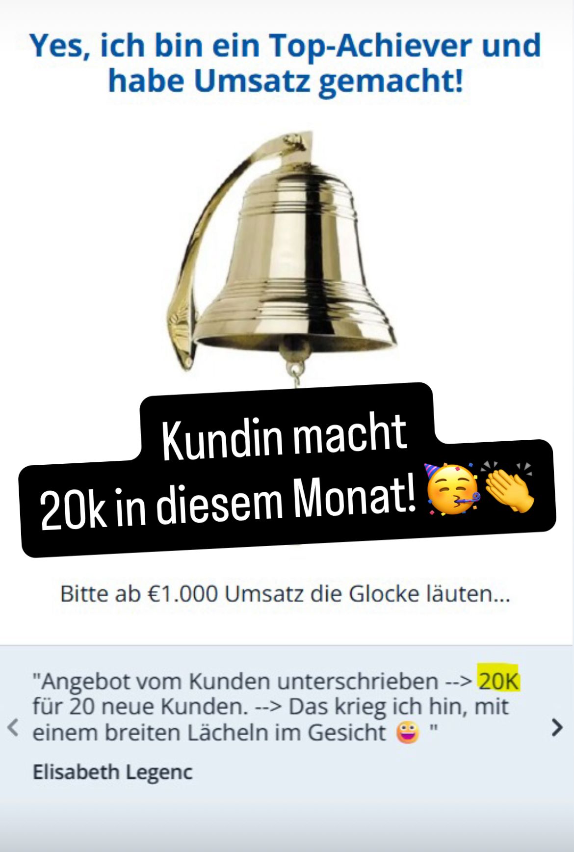 Die HerbstOffensive 2025 – Live-Workshops zum Experten-Funnel 8 Social-Media-Post mit Glocke und Text Kundenerfolg 20k Umsatz im Monat