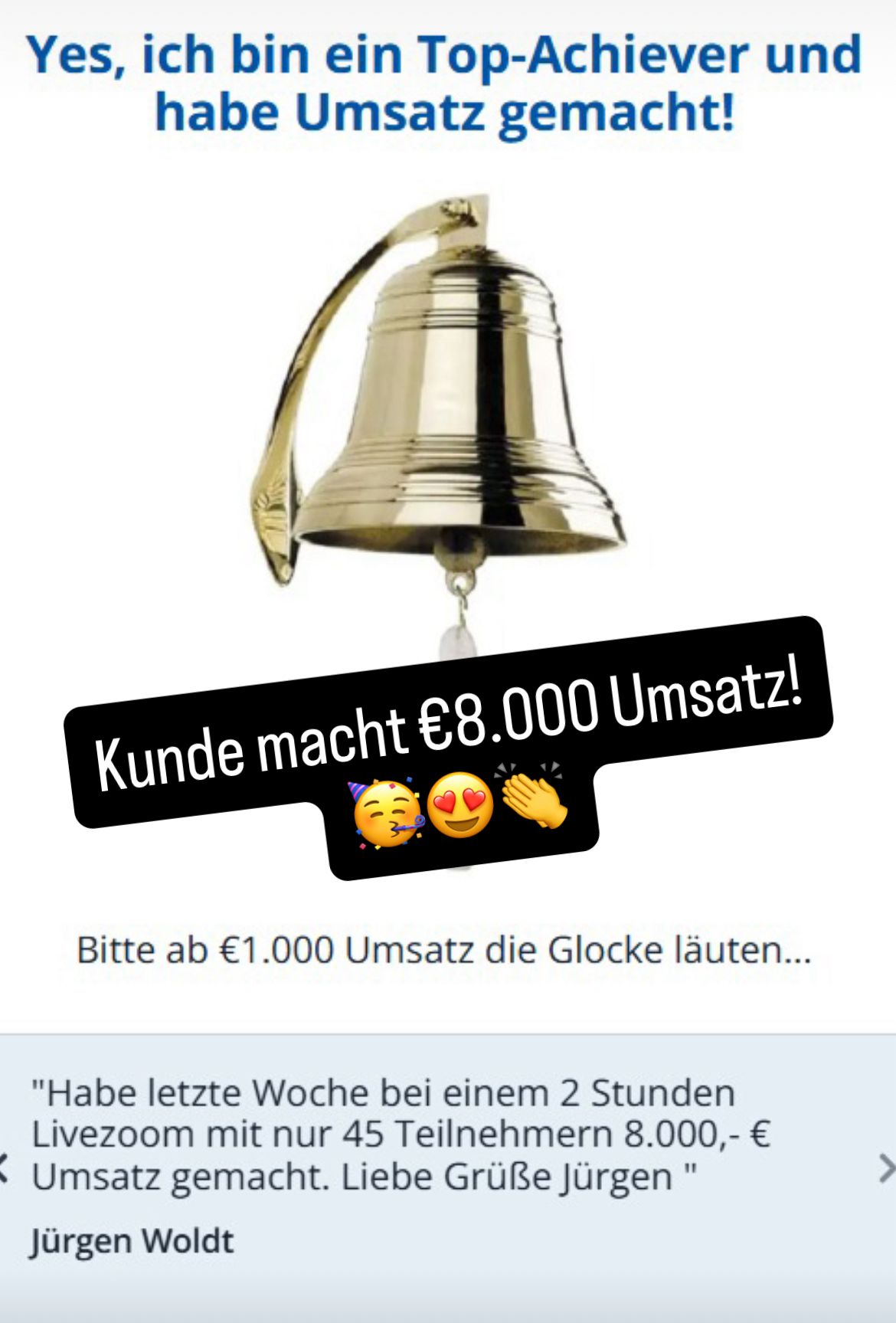 Die HerbstOffensive 2025 – Live-Workshops zum Experten-Funnel 10 Social-Media-Post mit Glocke und Text Kundenerfolg 8.000 Euro Umsatz