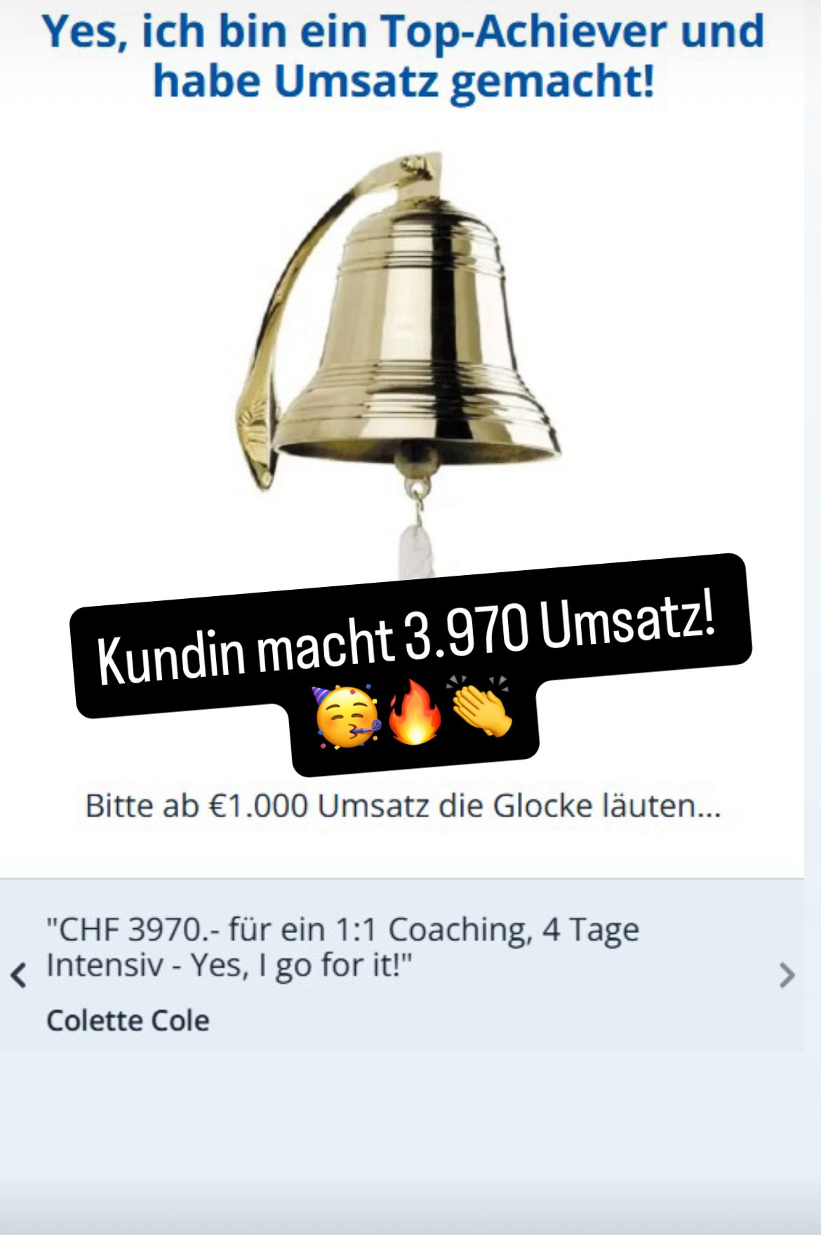 Die HerbstOffensive 2025 – Live-Workshops zum Experten-Funnel 12 Social-Media-Post mit Glocke und Text Kundenerfolg 3.970 Euro Umsatz