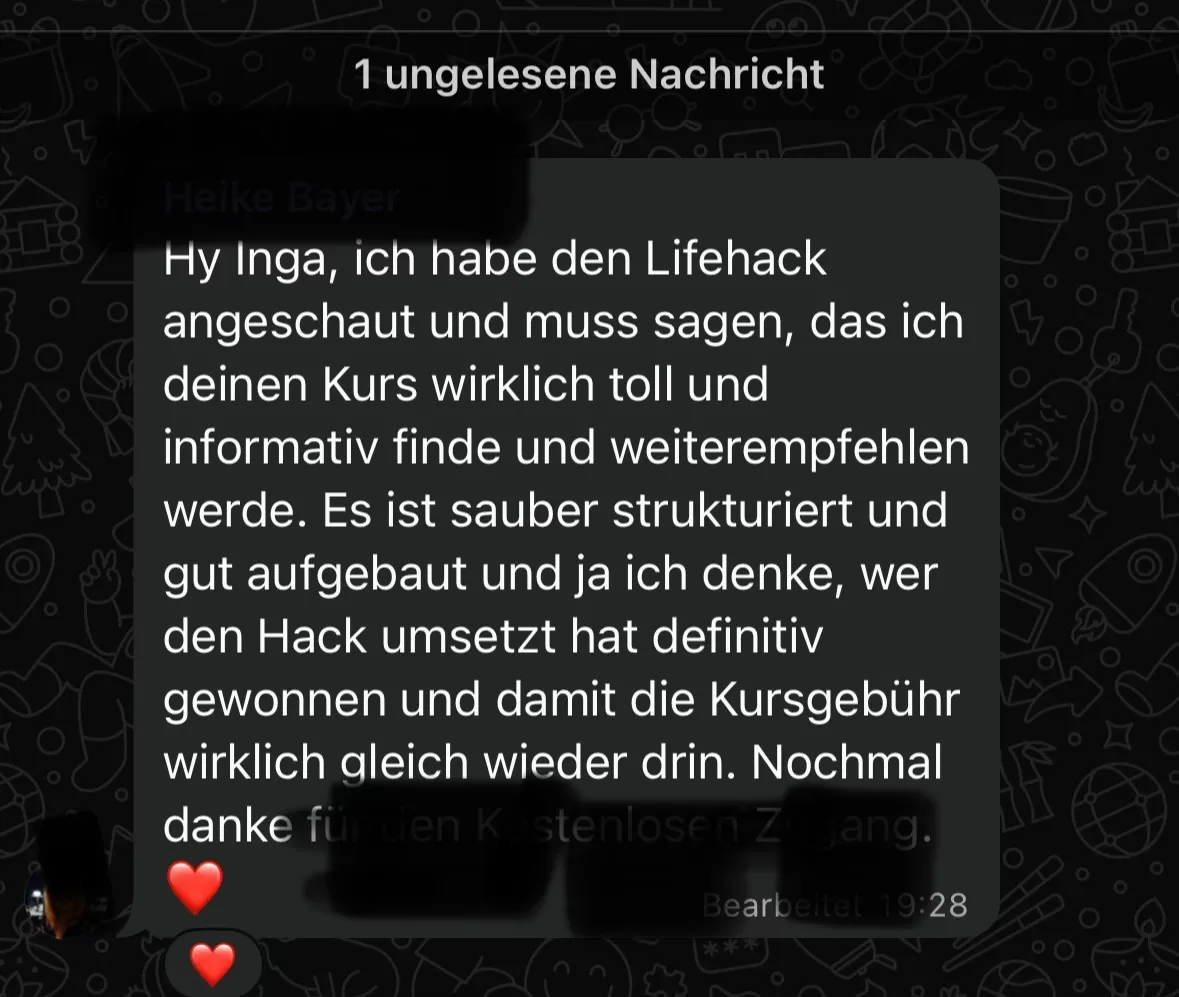 Die Hinzuverdienstgrenze leicht erklärt von Inga Krauss 7 Kundenrezension Videokurs Lifehack ausführliche Nachricht mit Lob