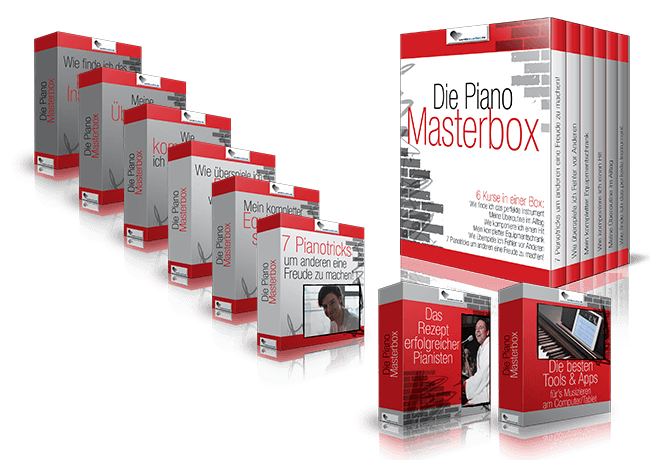 Produktboxen-Sammlung der Piano Masterbox mit sieben Kurs-Modulen
