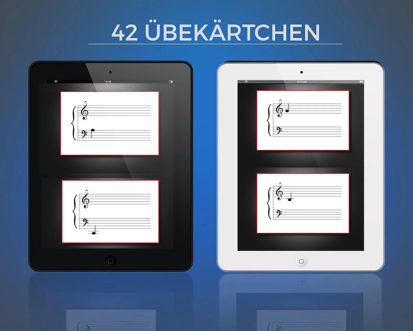 iPad-Mockups mit Musiknoten-Übungskärtchen zur Notenlehre