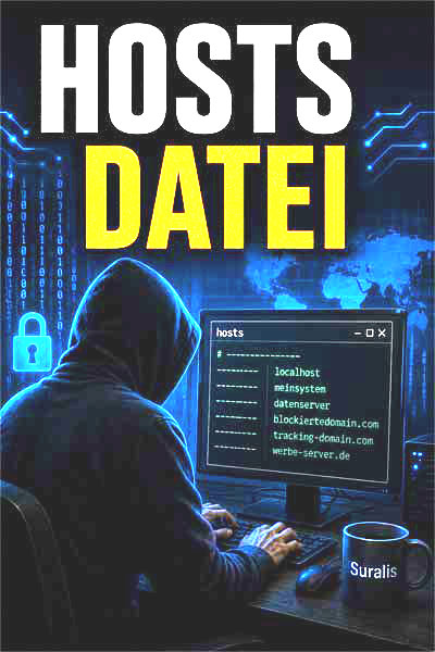 E-Book Cover Die Hosts-Datei mit Hacker vor Computer und hosts-Datei auf Monitor