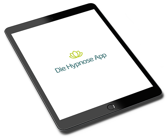 Tablet-Mockup mit Die Hypnose App Logo und grüner Lotus-Blüte im leichten Winkel