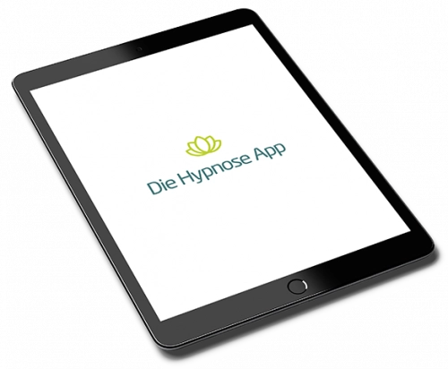 Tablet-Mockup mit Die Hypnose App Logo und grüner Lotus-Blüte