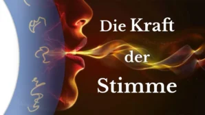 Galerie-Bild mit Gesichtsprofil, Kehlkopf-Diagram und goldener Energie-Grafik zum Thema Stimmkraft