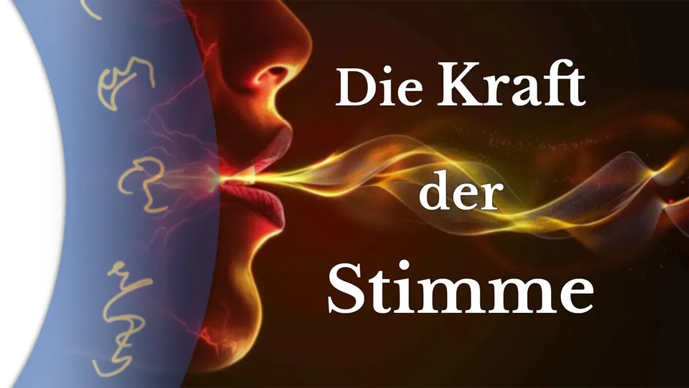 Galerie-Bild mit Gesichtsprofil, Kehlkopf-Diagram und goldener Energie-Grafik zum Thema Stimmkraft
