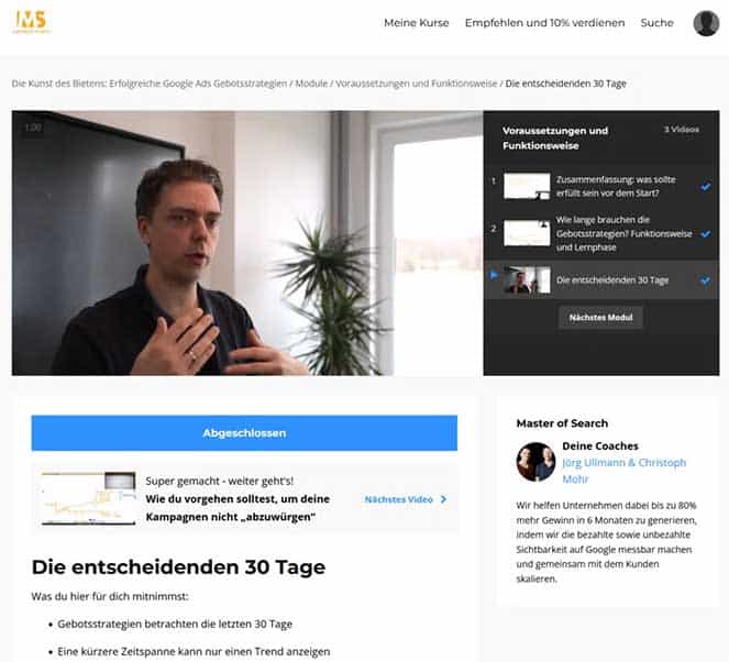 Newsletter-Vorlage von Master of Scaling mit Video-Vorschau und Kursmodul