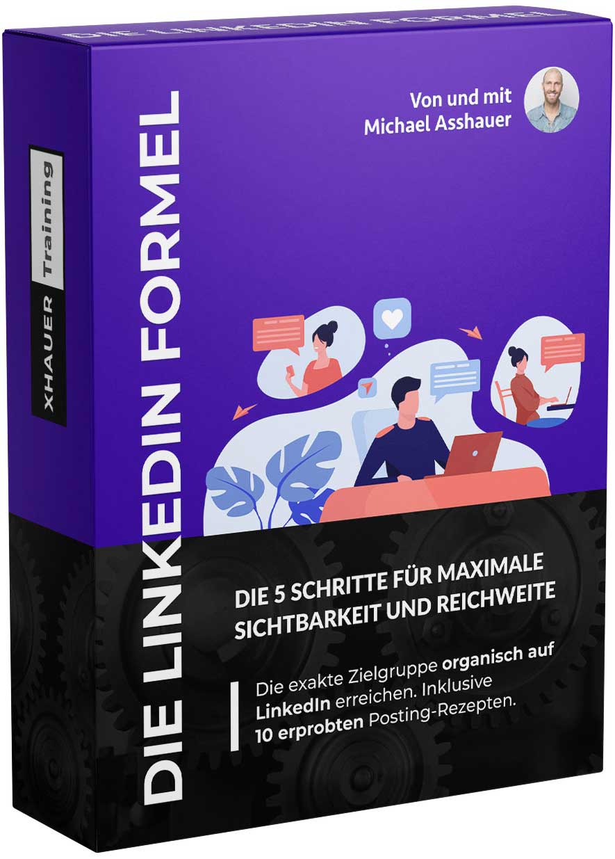 Die LinkedIn Formel Produktbox Mockup mit violettem Design und Illustrationen von Personen und Kommunikation