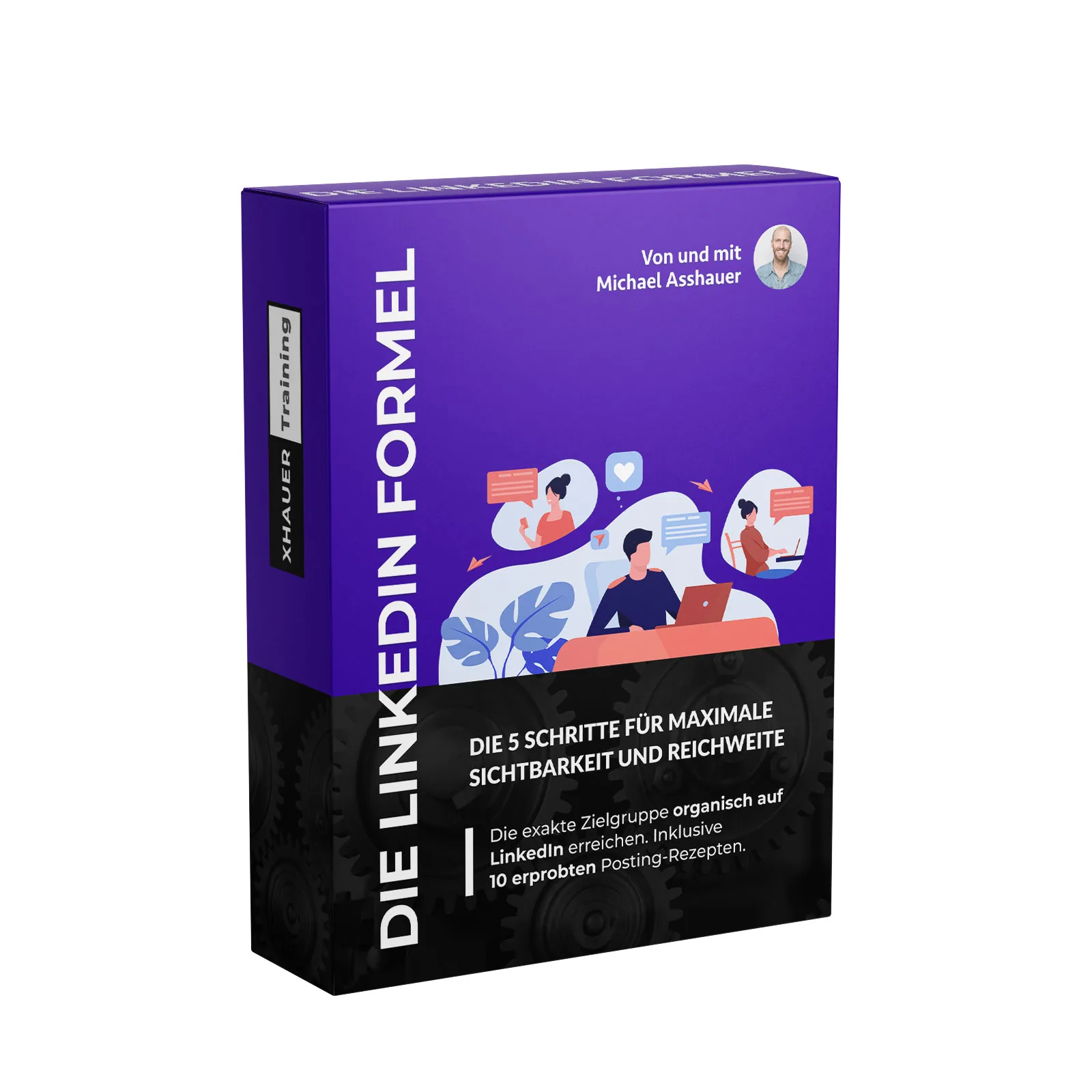 Die LinkedIn Formel 2026 – Videokurs zur Kundengewinnung 1 Produktbox Die LinkedIn Formel von Michael Asshauer, purple mit schwarzem unteren Teil, Illustrationen von Personen am Laptop