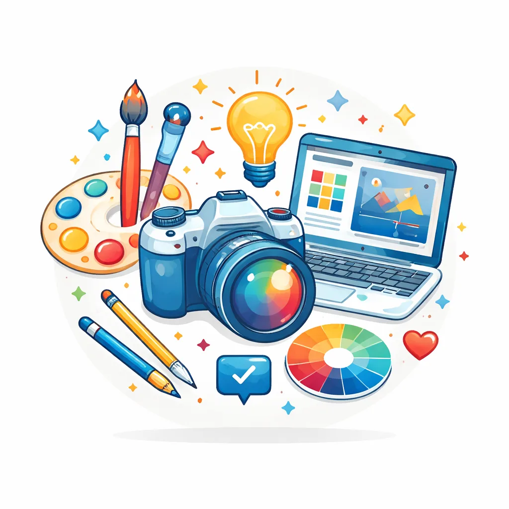 Illustration von Kamera, Laptop, Farbpalette und Design-Tools mit Glühbirne