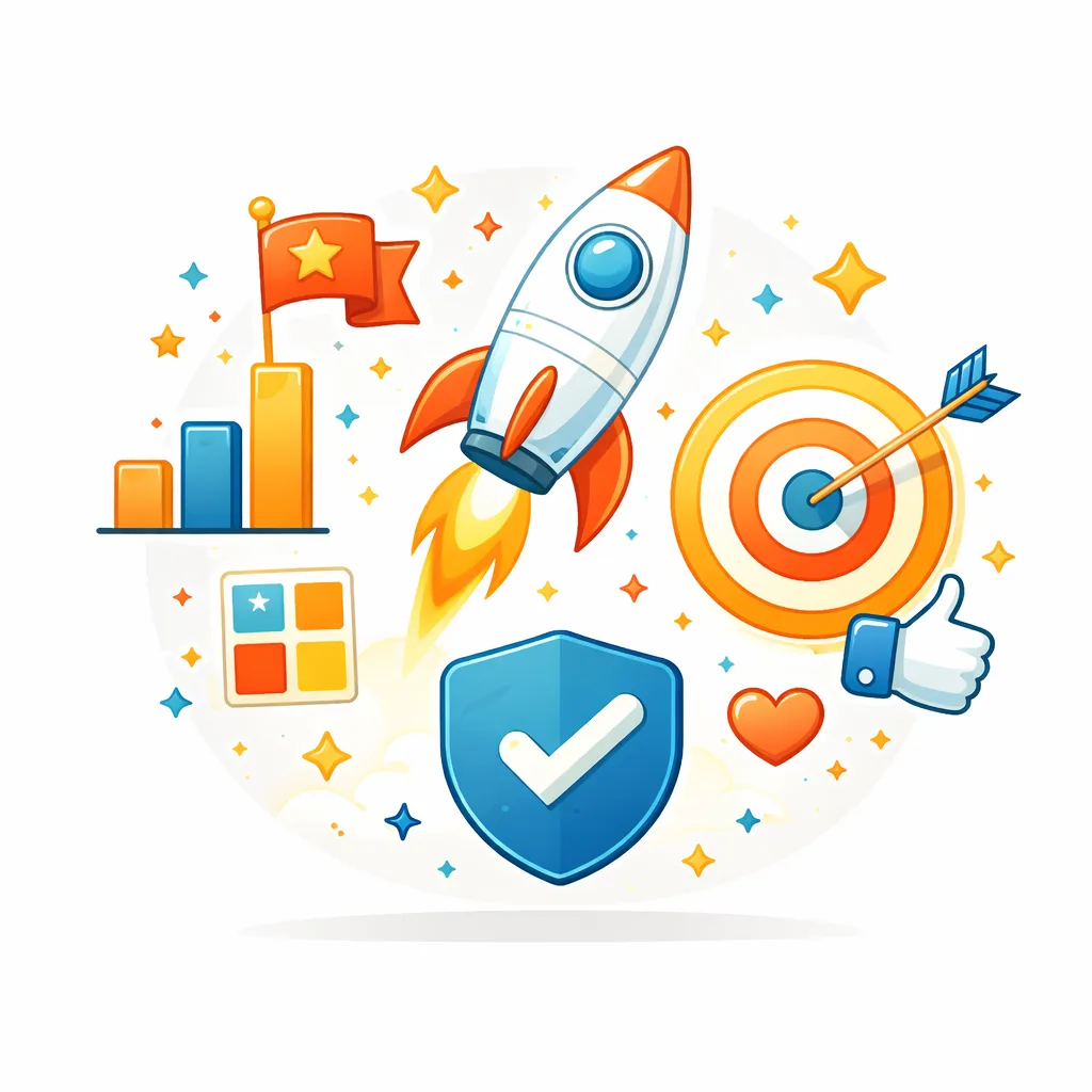 Illustration mit Rakete, Zielscheibe, Balkendiagramm und Success-Symbolen