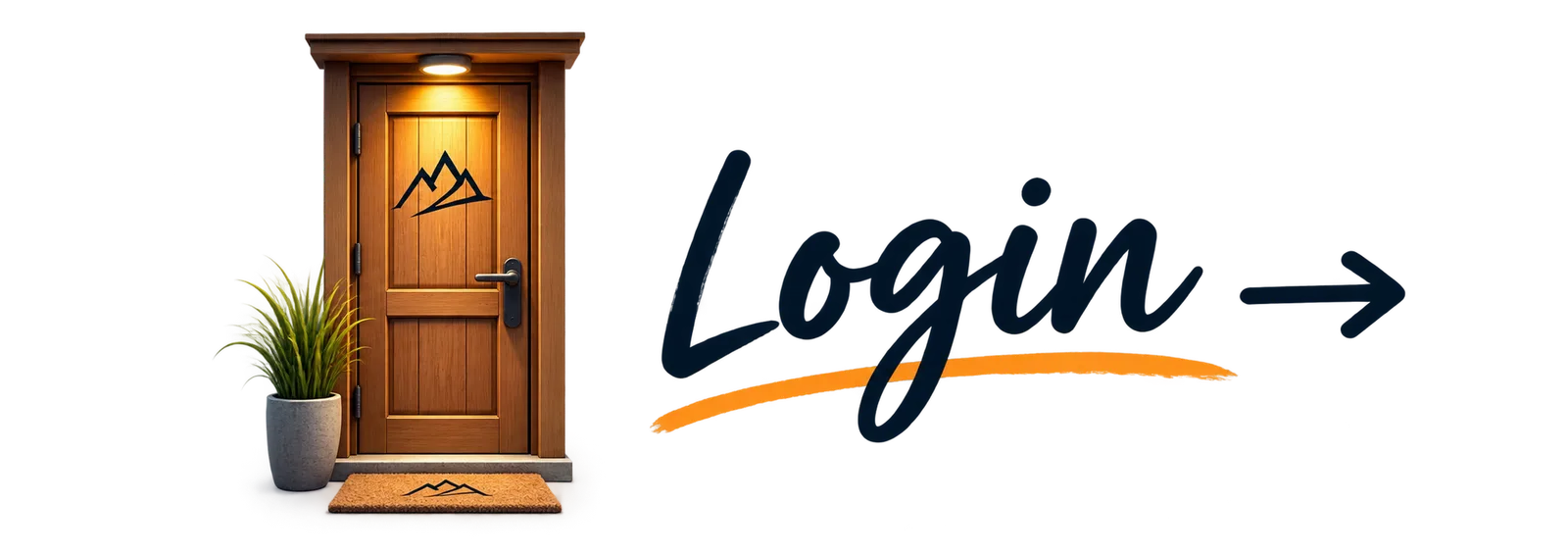 Login Grafik mit Holztür und Logo neben großem Login-Text mit Pfeil