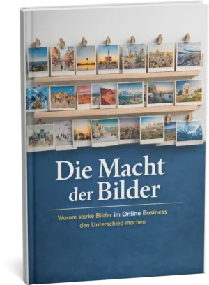 Die Macht der Bilder E-Book Cover mit Polaroid-Fotos auf Holzregalen vor blauem Hintergrund