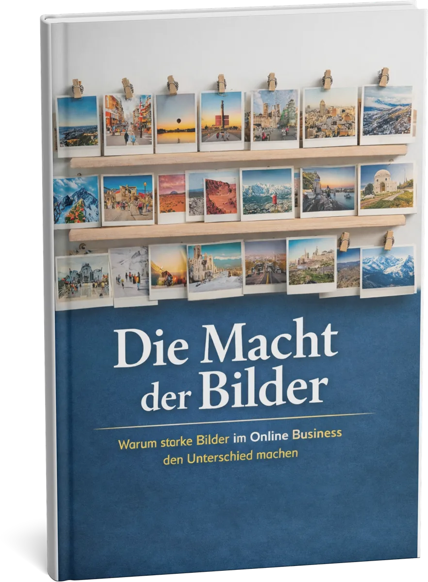 Die Macht der Bilder E-Book Cover mit Polaroid-Fotos auf Holzregalen vor blauem Hintergrund