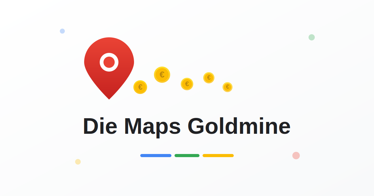 Hero-Grafik Die Maps Goldmine mit rotem Kartenstift, Euro-Münzen und Titel