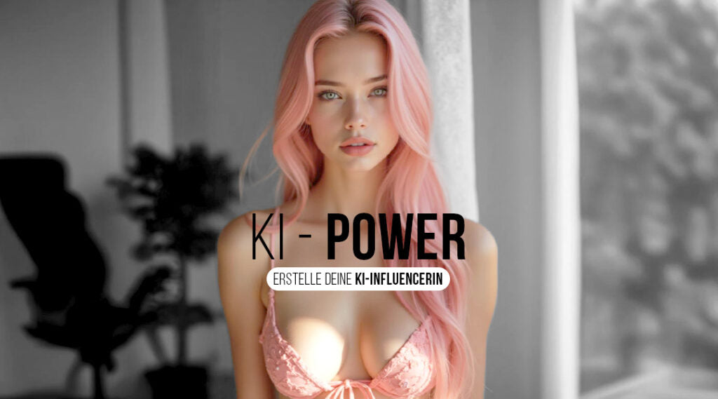 Frau mit rosa Haaren, Text KI-Power Erstelle deine KI-Influencerin, grauer minimalistischer Hintergrund