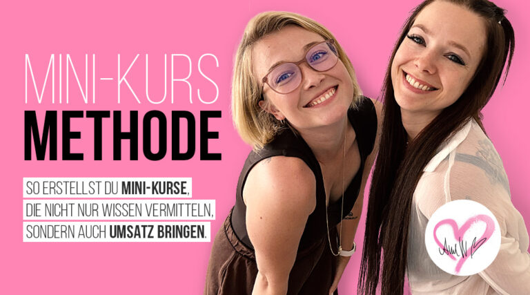 Zwei Frauen mit Brille lächelnd, Text Mini-Kurs Methode, Zitat über Wissensvermittlung und Umsatz
