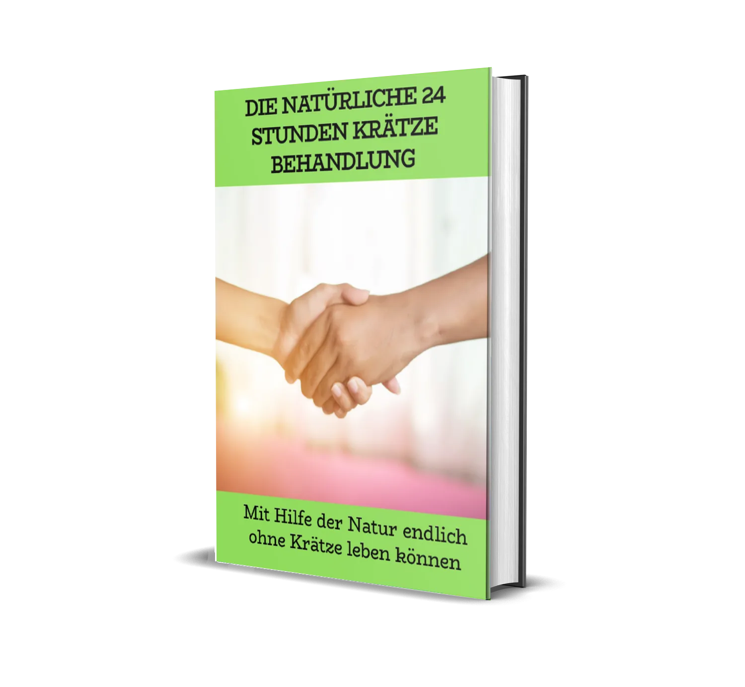 Die natürliche 24 Stunden Krätze Behandlung von Matthias Nichelmann 1 Buch-Mockup mit grünem Banner und zwei sich die Hand schüttelnd