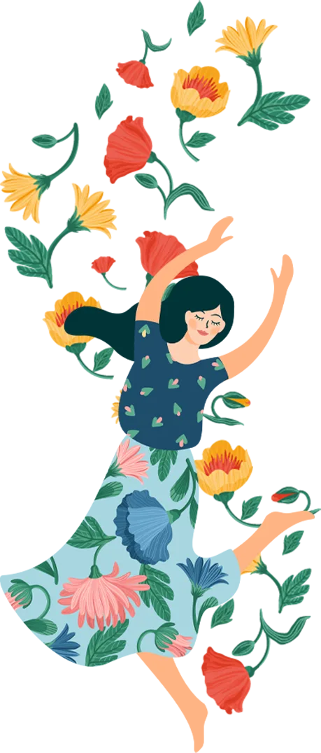 Illustrierte Frau in blütenbedrucktem Kleid mit ausgebreiteten Armen und bunten Blüten
