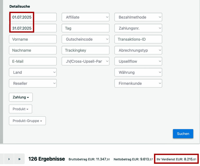 Screenshot einer Detailsuche-Filterfläche mit Datumsbereich 01.07.2025 bis 31.07.2025 und verschiedenen Dropdown-Feldern, zei