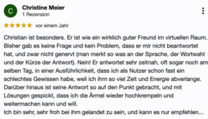 Google-Bewertung von Christine Maier mit 5 Sternen, 1 Rezension, positive Bewertung zu Online-Business Coaching