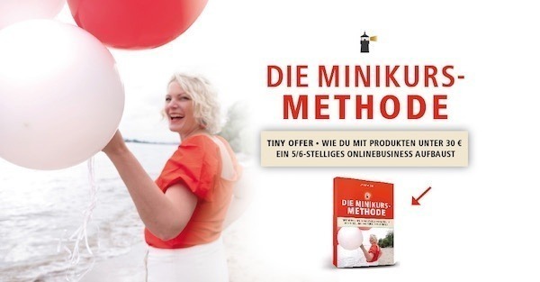 Hero-Banner zur Minikurs-Methode mit Frau in rotem Shirt, roten und weißen Ballons, Buchtitel und Untertitel