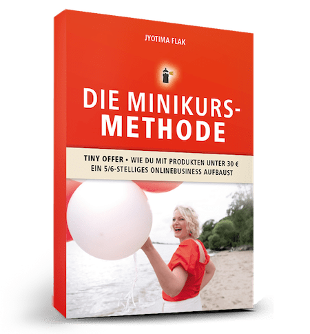 3D Mockup des Buches Die Minikurs-Methode mit rotem Cover, Frau mit Ballons, Buchtitel