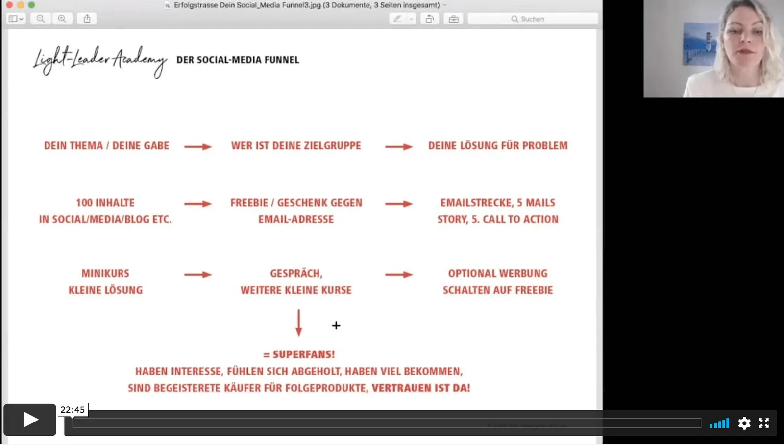 Screenshot der Light-Leader-Academy: Social-Media-Funnel-Grafik mit Ablauf vom Thema zur Lösungen, Inhalte, Freebie, Minikurs
