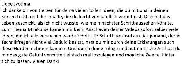 Kundenstimme zur Minikurs-Methode von Jyotima Flak
