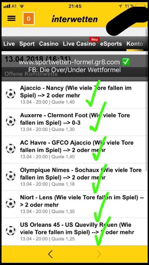Screenshot interwetten App mit Fußball Over/Under Wetten und Häkchen-Markierungen