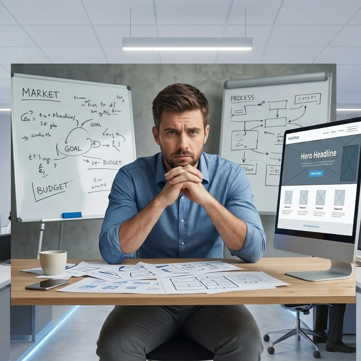 Mann in blauem Hemd am Schreibtisch mit Landingpage-Designs, Whiteboards mit Markt- und Prozess-Skizzen im Hintergrund