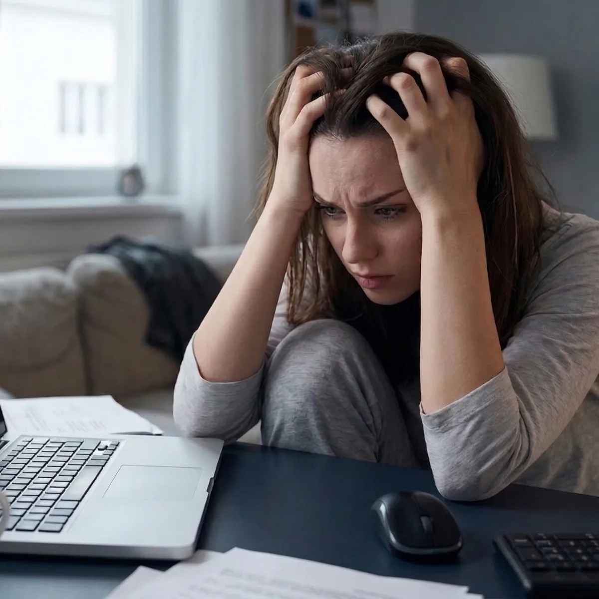 Frau mit Kopfschmerzen sitzt frustriert am Laptop, symbolisiert Herausforderungen beim Erstellen von Landingpages