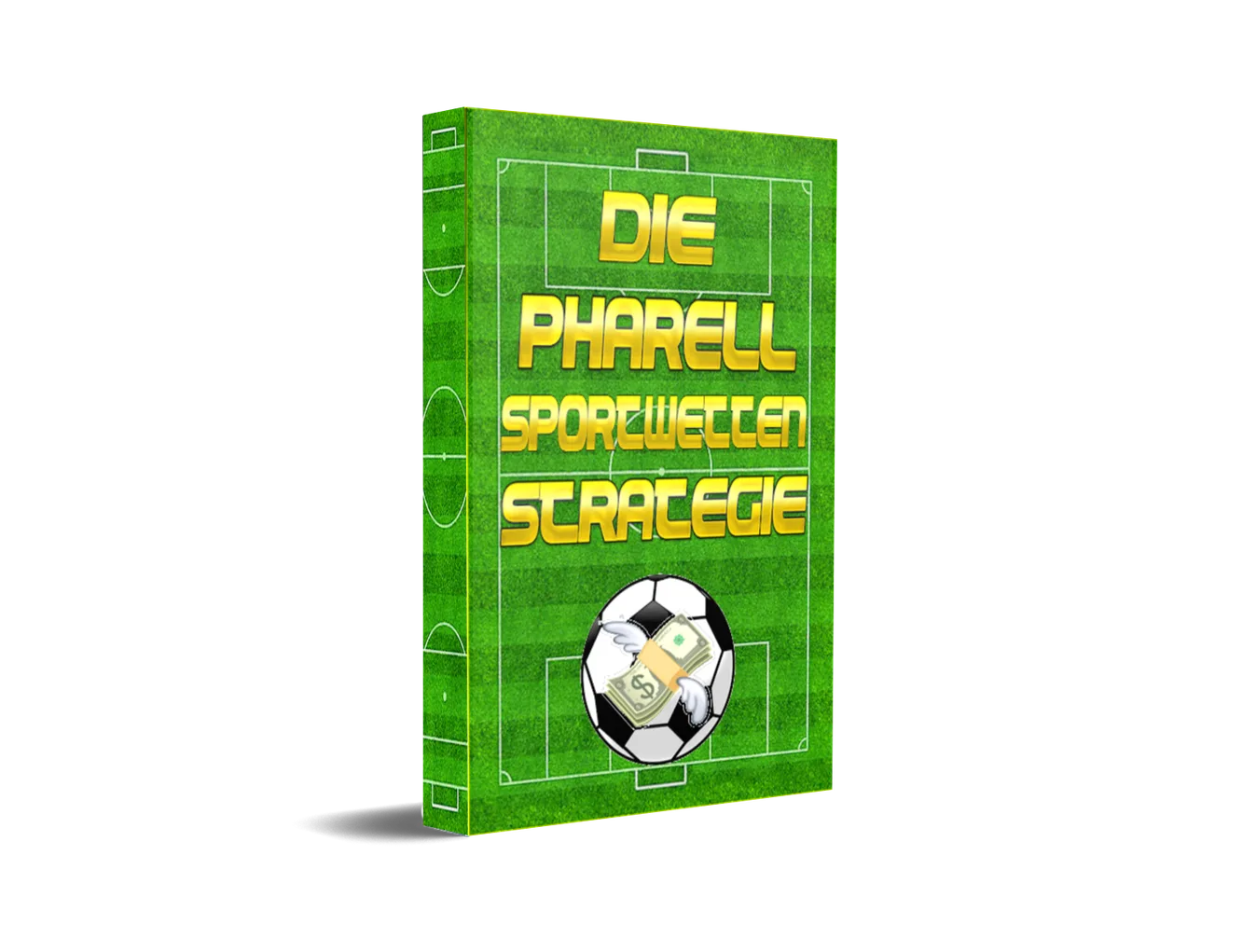 Mockup Die Pharell Sportwetten Strategie mit grünem Buchcover und Fußball
