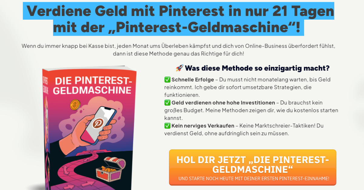 Pinterest-Marketing-Banner mit eBook-Titel und Call-to-Action zum Geldverdienen