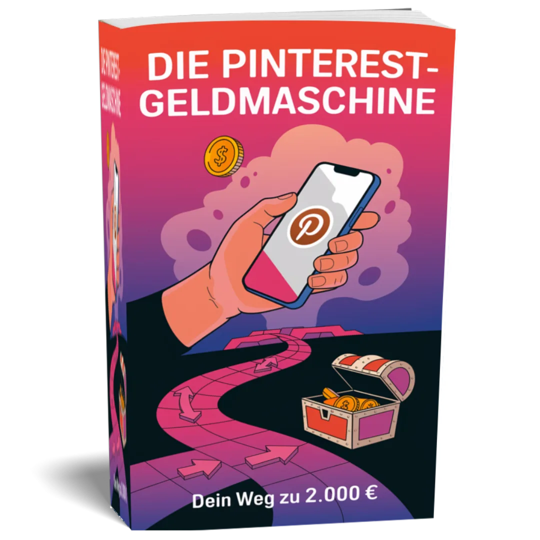 eBook-Cover Die Pinterest-Geldmaschine mit Smartphone und Münzen auf rosa-violettem Hintergrund