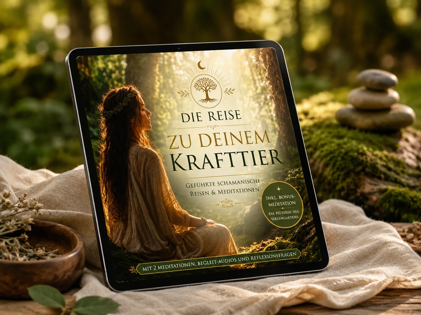 Tablet zeigt Cover Die Reise zu deinem Krafttier auf Naturuntergrund mit Steinen