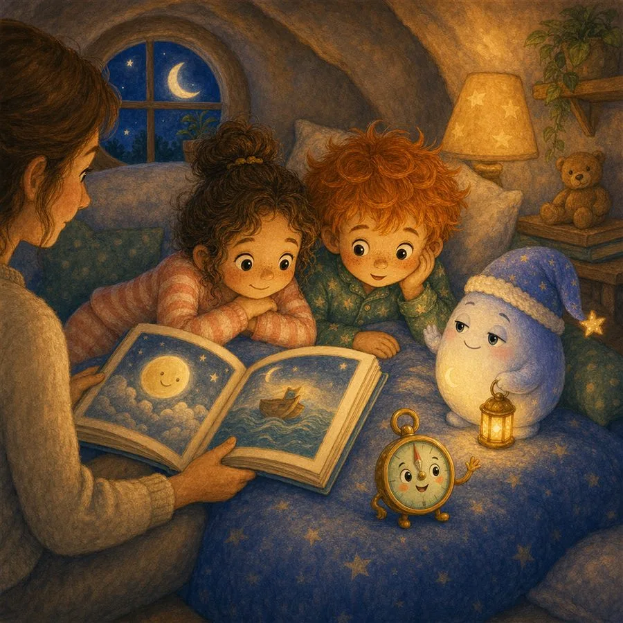 Illustration einer Gute-Nacht-Geschichte mit Kindern, Nachtfreund-Figur und anthropomorphisiertem Wecker im gemütlichen Schla
