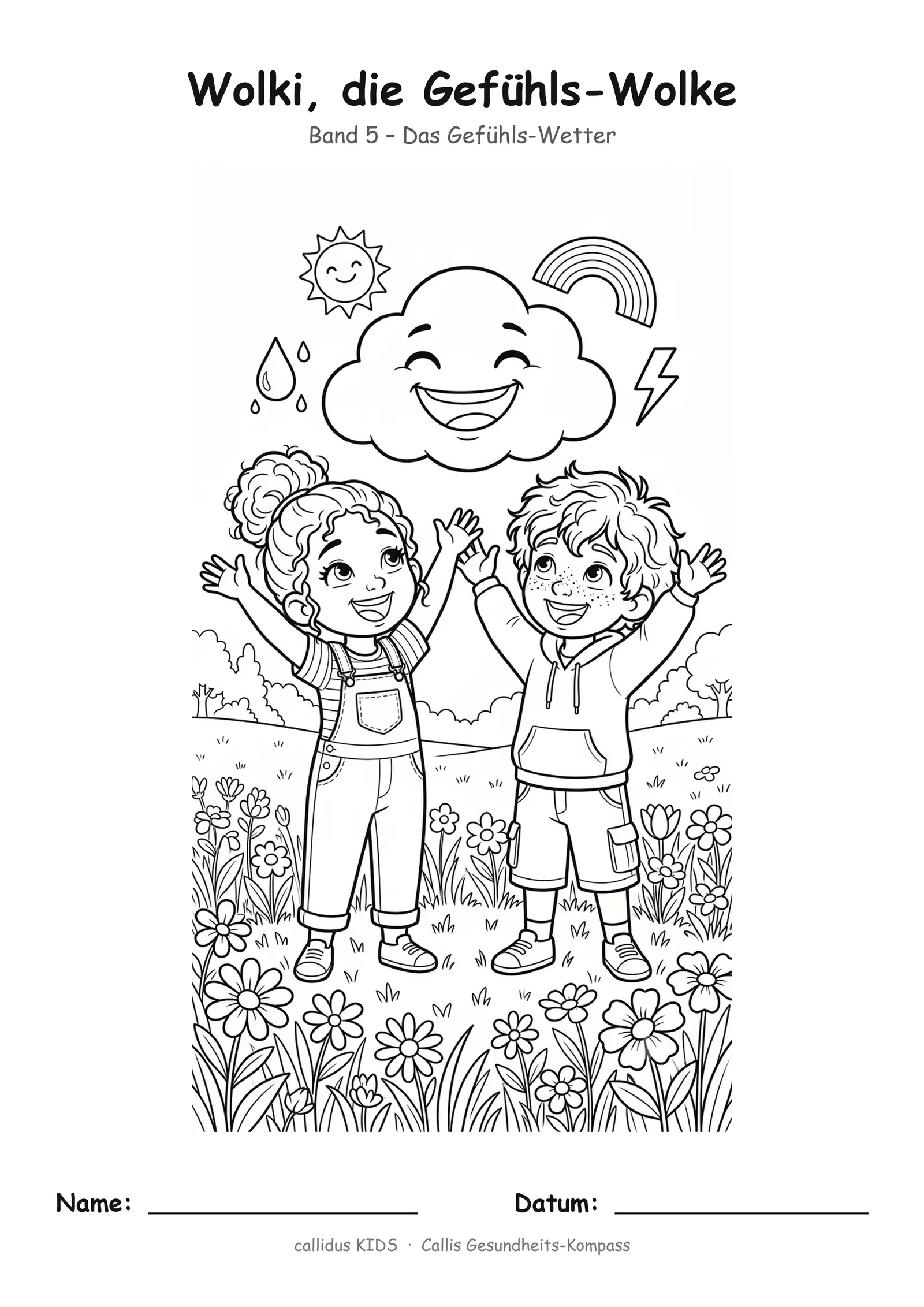 Ausmalbild Wolki die Gefühls-Wolke Band 5 mit zwei Kindern und Wetterelementen