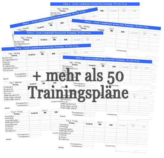Vorschau verschiedener Trainingspläne mit Text mehr als 50 Trainingspläne
