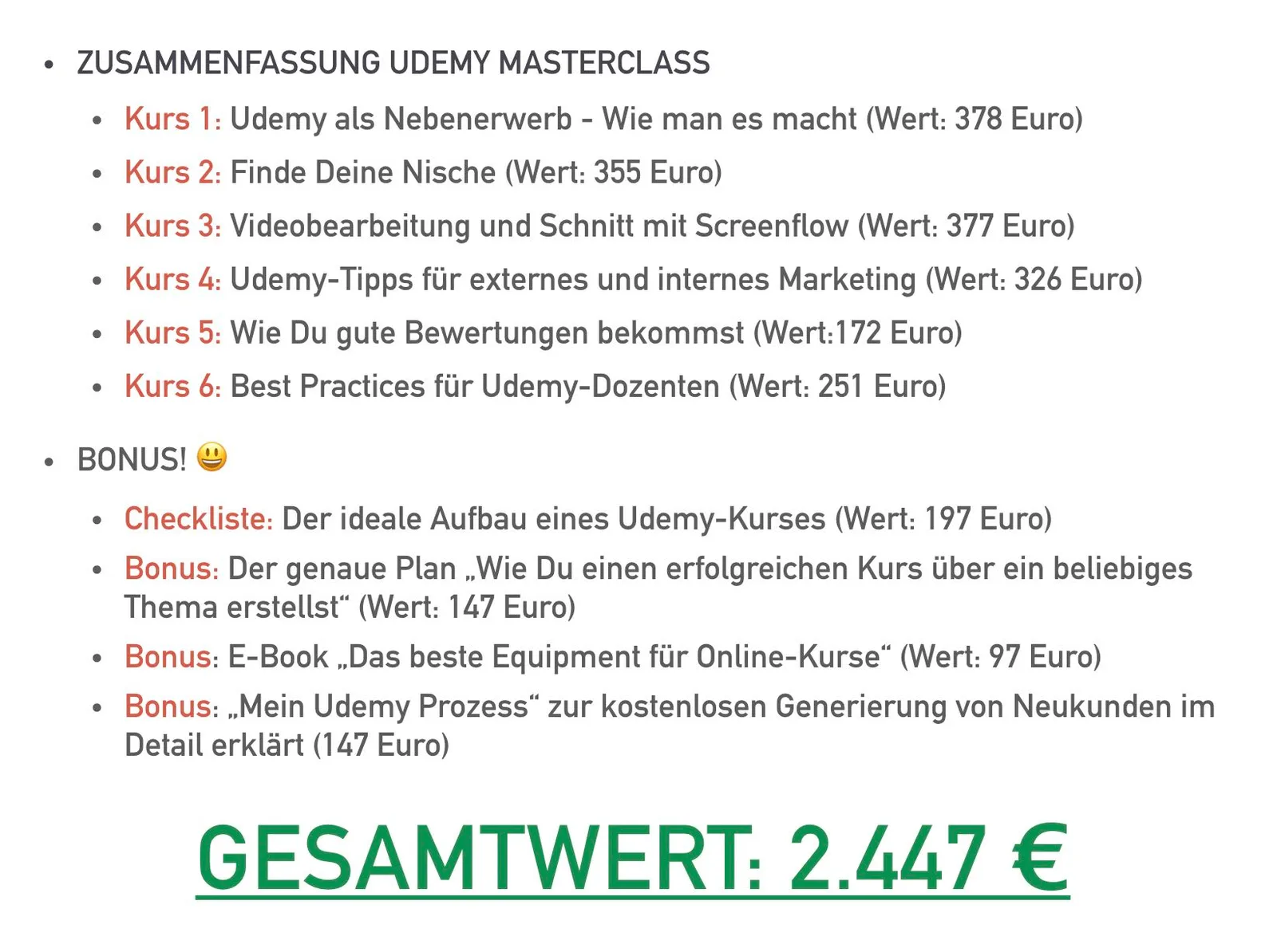 Masterclass Übersicht – Alle 6 Kurse mit Werten und Gesamtpreis von 2.447 Euro