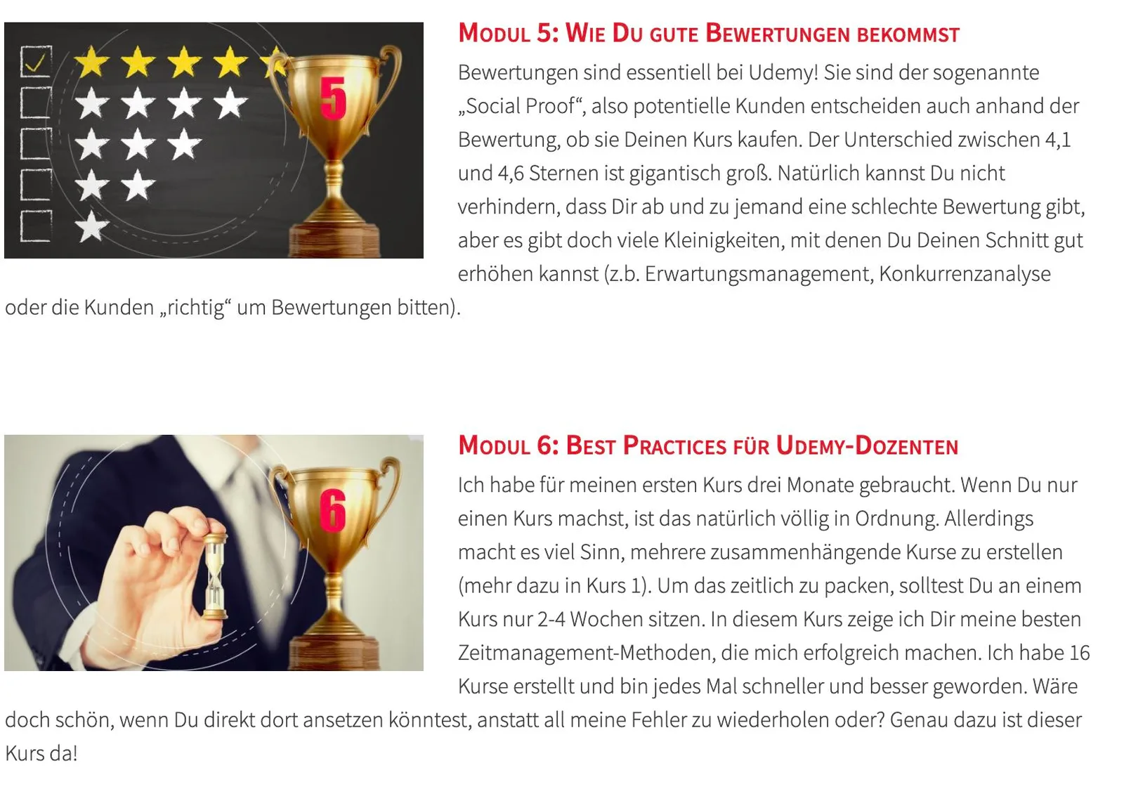Modul 5 und 6 – Fünf-Sterne-Bewertung und Hand hält Pokal für Best Practices