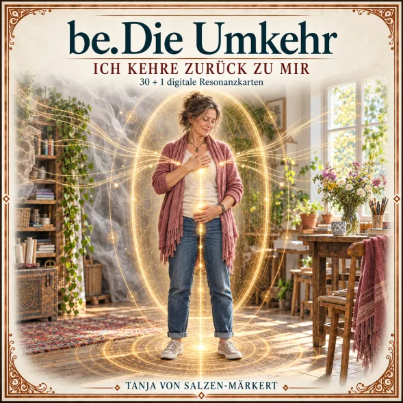 be.Die Umkehr – Ich kehre zurück zu mir. Kartenset mit Frau in goldenem Lichtkranz in Wohnzimmer