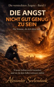 E-Book Cover Band 1 hochformat, Die Angst nicht gut genug zu sein, Frau und Mann vor apokalyptischer Stadtkulisse