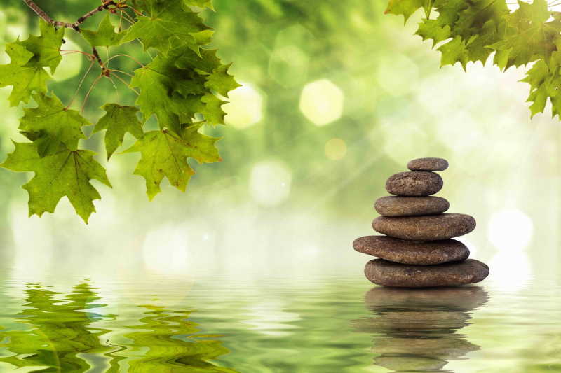 Gestapelte Steine im Wasser mit grünen Blättern oben, Zen-Meditation