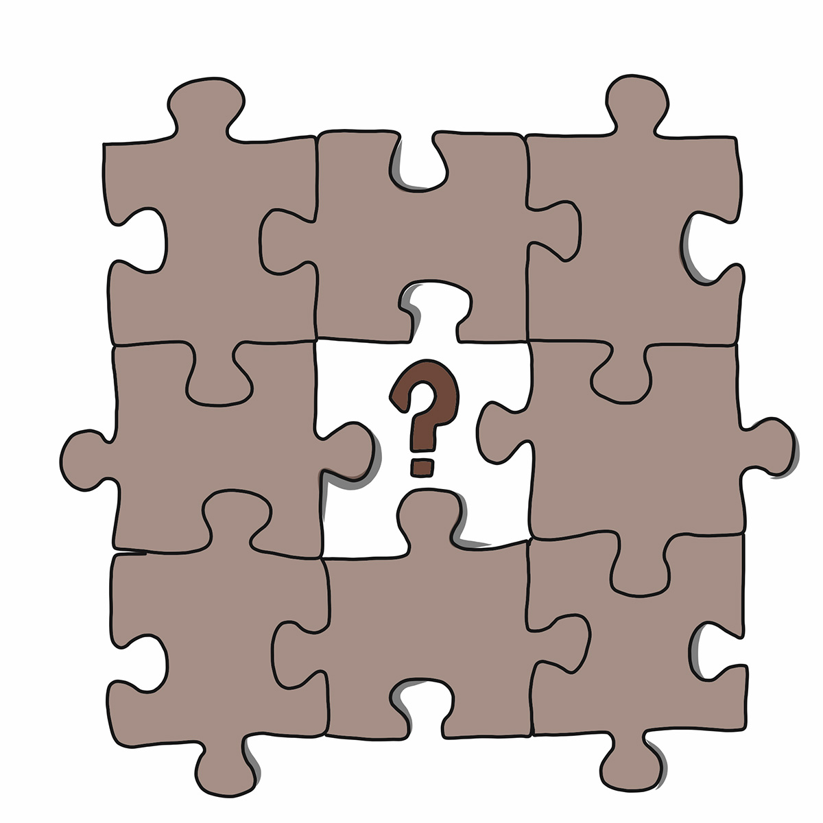 Puzzle-Illustration mit braunen Teilen und weißem Mittelstück, auf dem ein Fragezeichen abgebildet ist, symbolisiert Fragen u
