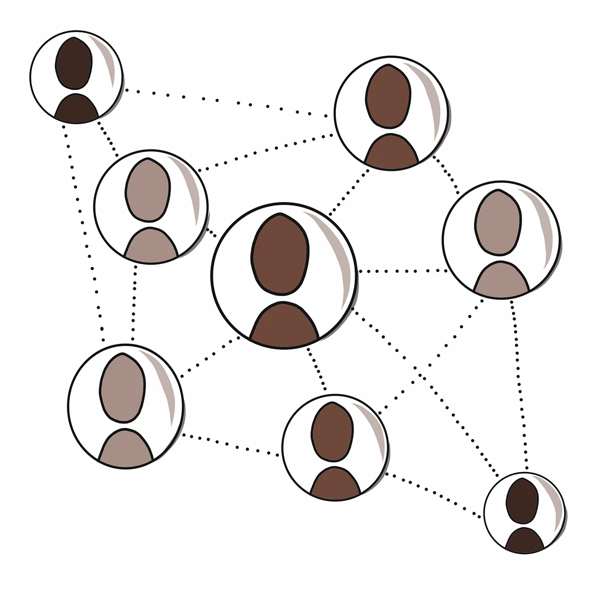 Netzwerk-Illustration mit acht vernetzten Personen in Kreisen, verbunden durch Punkte-Linien, symbolisiert Gemeinschaft und A
