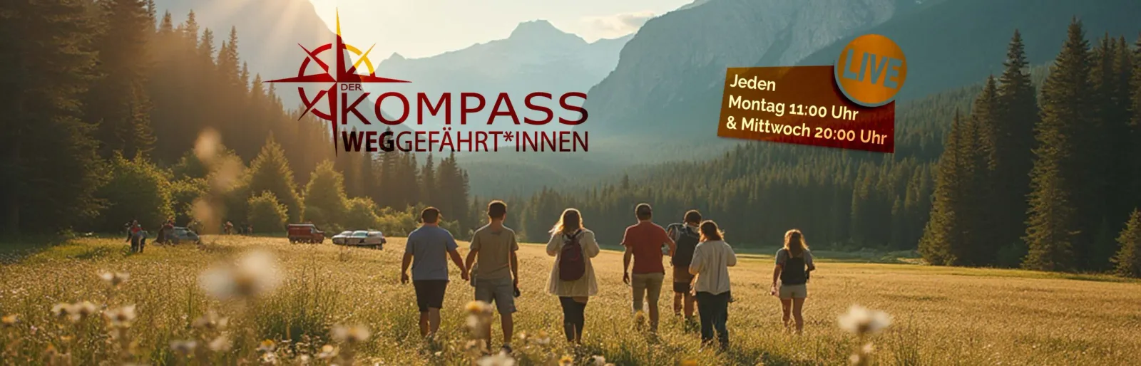 Infoheader mit Gruppe von Personen in Berglandschaft, Kompass-Logo, Sendetermine Montag 11:00 Uhr und Mittwoch 20:00 Uhr