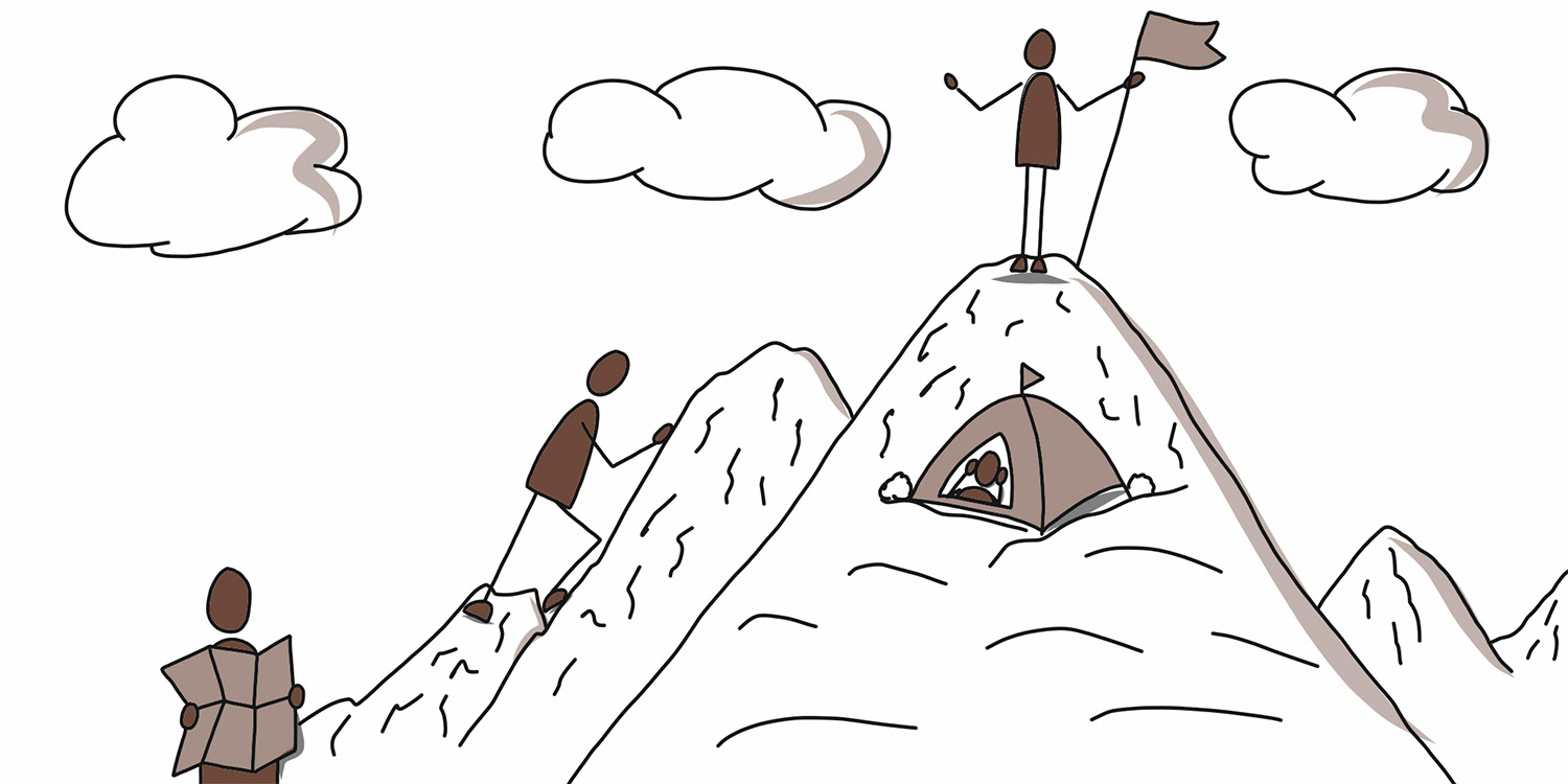 Illustrationen zu Monatsthemen mit Figuren beim Wandern, Bergsteigen und mit Flagge auf Berggipfel